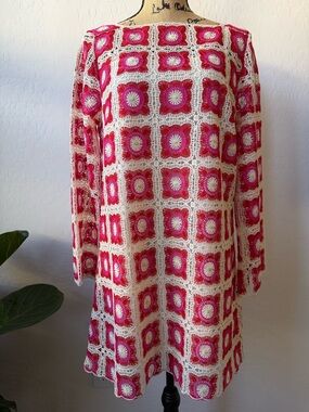 NWT Chelsea & Violet Twiggy Red/Pink Granny Square Crochet Shift Dress Size L
